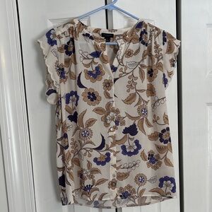 Ann Taylor Cream and Blue Floral Blouse